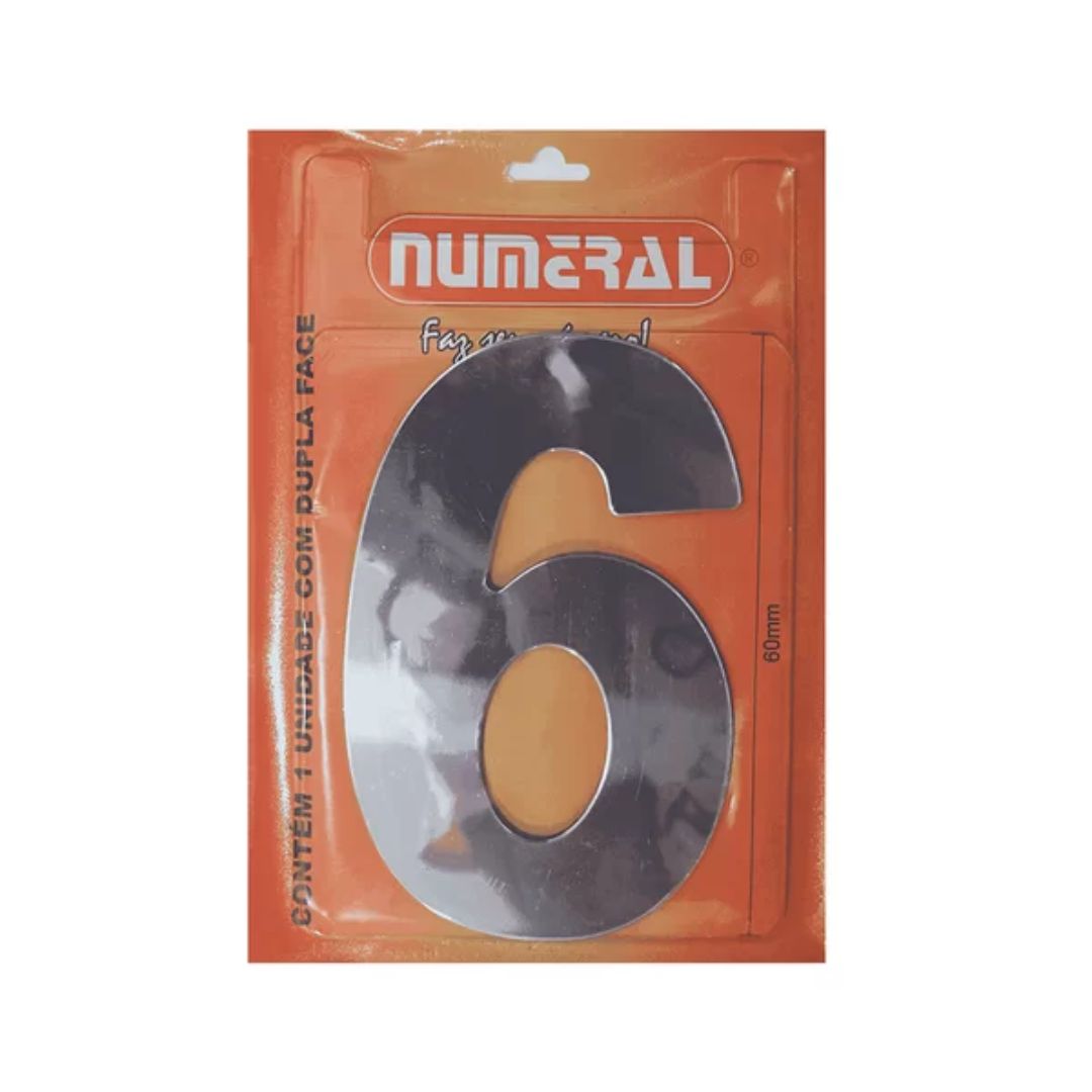 numero 6 espelhado 60mm numeral prata - 47